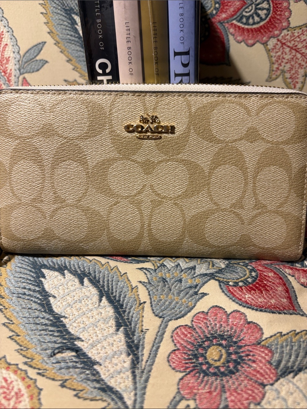 Coach Beige Signature Zip Wallet with Gold Logo MSRP $298